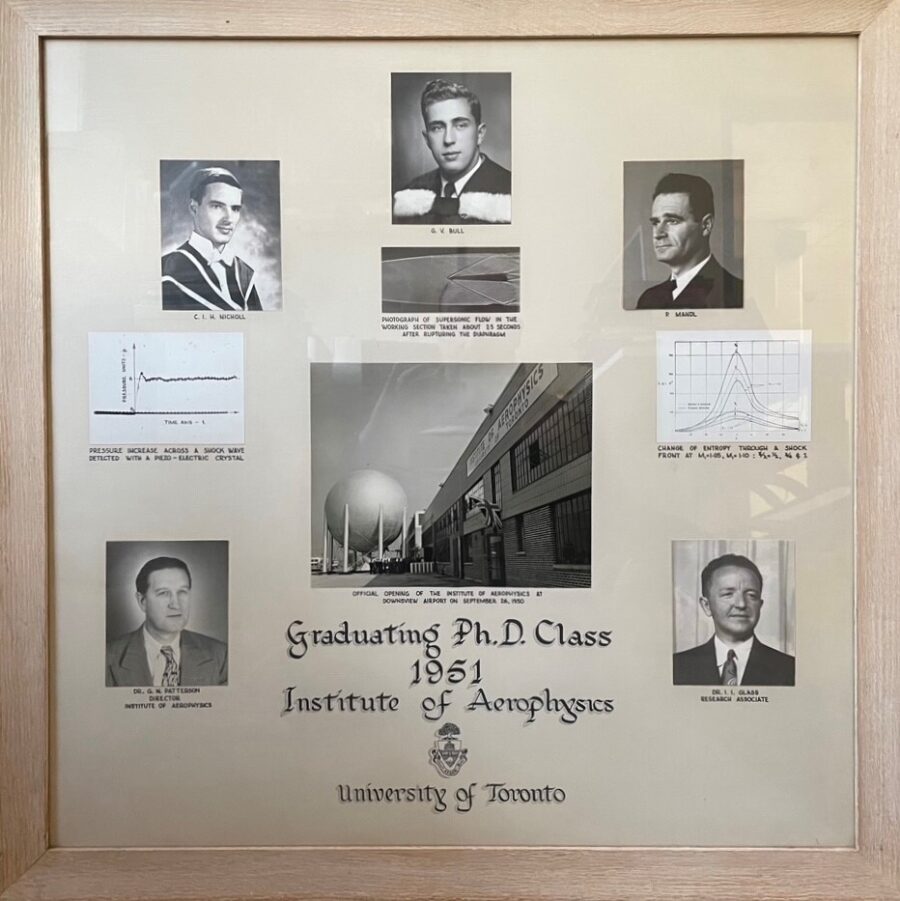 A photo of the plaque for the Graduating PhD Class  of 1951 at the Institute of Aerophysics, Gerald Bull at the top, one other student on either side, Drs. Patterson and Glass below, with a picture of the Institute at centre.