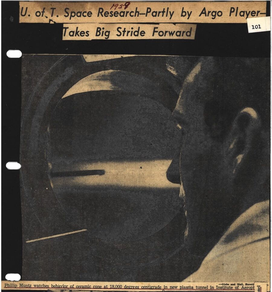 Close-up of Phillip Muntz watching through glass as a ceramic cone is subjected to eighteen thousand degrees Celsius in new plasma tunnel.