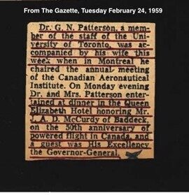 A brief clipping from The Montreal Gazette, February 24, 1959, detailing Dr. Patterson and his wife in Montreal entertaining J.A.D. McCurdy and the Governor-General on the 50th anniversary of powered flight in Canada.