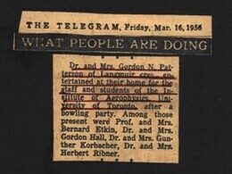 A brief clipping from The Telegram, March 16, 1956, detailing Dr. and Mrs. Gordon Patterson entertaining Institute of Aerophysics Faculty at their home after a bowling party.