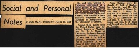 A brief article from Social and Personal Notes in the Globe and Mail, June 13, 1961, detailing the dinner party hosted by Gordon and Alberta Patterson for a large group of visiting international space scientists.