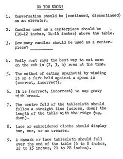 Sample etiquette quiz from the University of Toronto Institute for Aerospace Studies Student Wives' Association, 1960s.