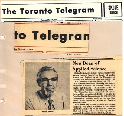 Newspaper clipping from The Toronto Telegram, March 22, 1973, titled "New Dean of Applied Science," with a picture of Bernard Etkin (looking like famed fast food icon Colonel Sanders).