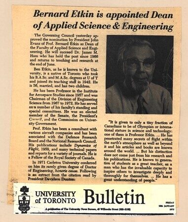 Newspaper clipping from the University of Toronto Bulletin, January 19, 1973, titled "Bernard Etkin is appointed Dean of Applied Science and Engineering."