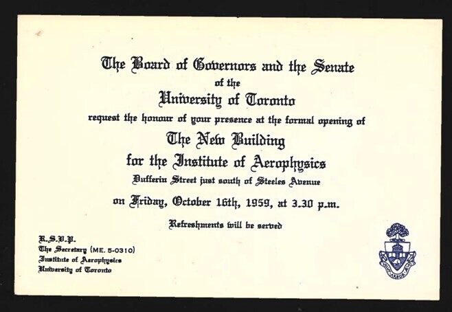 An invitation to the formal opening of the new building for the Institute of Aerophysics, October 16, 1959.