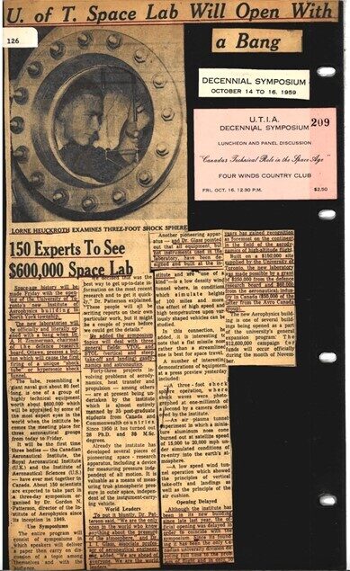 Newspaper article titled "U of T Space Lab Will Open With a Bang: 150 Experts to See $600,000 Space Lab", as well as ticket to the UTIA Decennial Symposium mounted on the side.