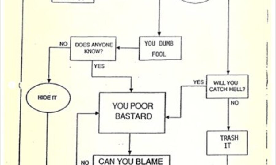 A comedic flowchart for students when lab equipment malfunctions, starting with the question "Does the damn thing work?"