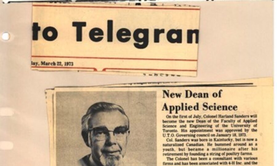 Newspaper clipping from The Toronto Telegram, March 22, 1973, titled "New Dean of Applied Science," with a picture of Bernard Etkin (looking like famed fast food icon Colonel Sanders).